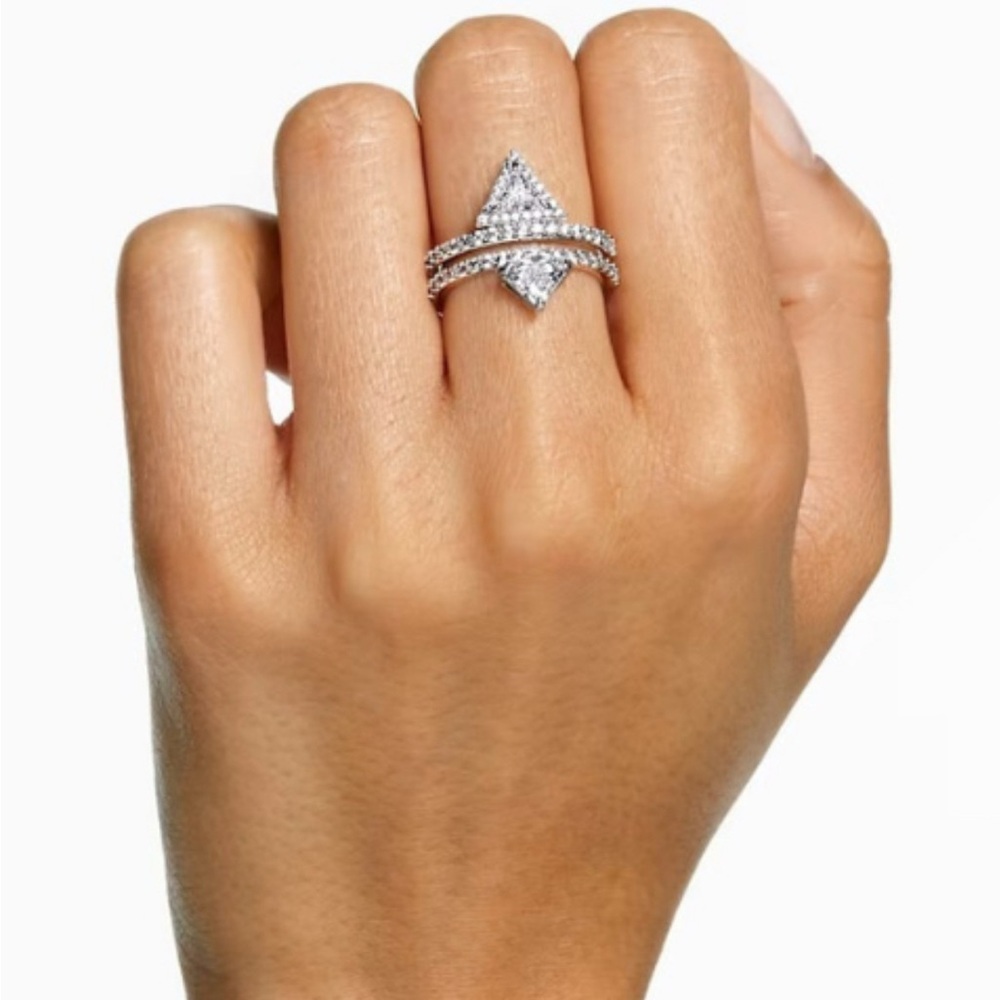 Swarovski Ortyx Ring Set, Triangle Cut, White, Rhodium Plated (Size 55/M/7)